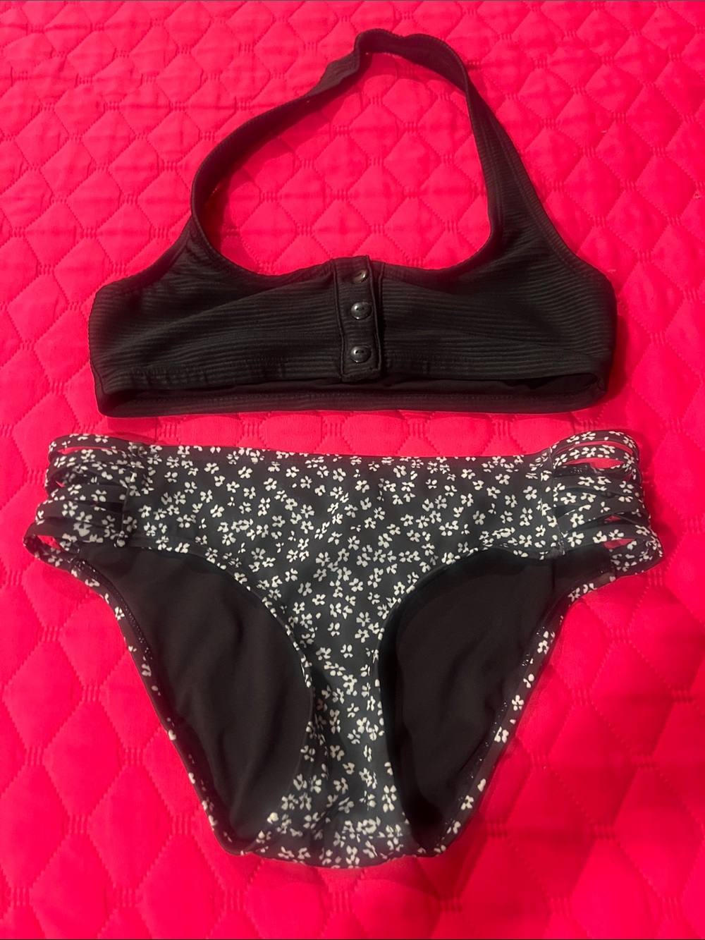 aerie Black Ribbed Halter Bikini Top with Black Floral Bottoms